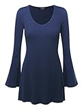 MBJ WT1055 Womens V Neck Long Bell Sleeves Pullover Tunic Top XL NAVY