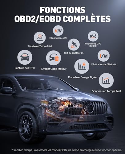 Car Battery Booster with OBD2 Diagnostic, 7000A Car Starter (All Gas or 10.0L Diesel), French Diagnostic OBD with Voltage Tests, Booster with OBDII Diagnosis, Screen, Clip, LED
