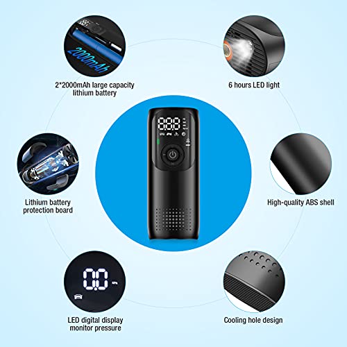Fufly Smart Mini Tire Inflator LP2 for Car Bike Motorcycle Balls and Other Inflatables 150PSI Electric Bike Pump Portable with 2000mAh Lithium Battery Digital Display LED Light Auto Shut Off