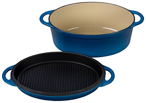 Click Here to See More Images Le Creuset Cast Iron Oval Oven with Reversible Grill Pan Lid, 4 3/4 quart, Marseille