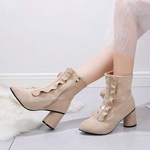 Women Ankle Booties Wedges Shoes Ladies Vintage Buckle Fall Work Block High Heel Shoes Side Zipper Ankle Boots Beige