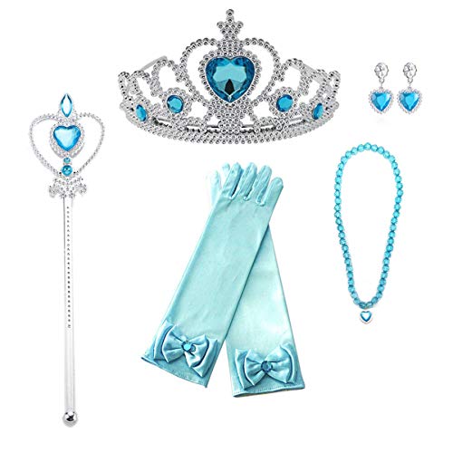 Boxed Princess Dress Up Accessories, Set of 6 Elsa Dress Up Set for Toddler Girls Kids Girls with Elsa Crown,Wand,Gloves,Necklace,Earrings,Bracelet Gift Sets for Little Girls Halloween Party Cosplay Set