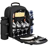 Sunflora Picnic Backpack for 4 Person Set Pack with Insulated Waterproof Pouch for Family Outdoor Camping (Black)