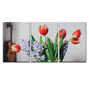 3 Piece Canvas Wall Art - Bath of Tulip and Purple Flowers - Modern Home Art Stretched and Framed Ready to Hang - 16"x24"x3 Panels