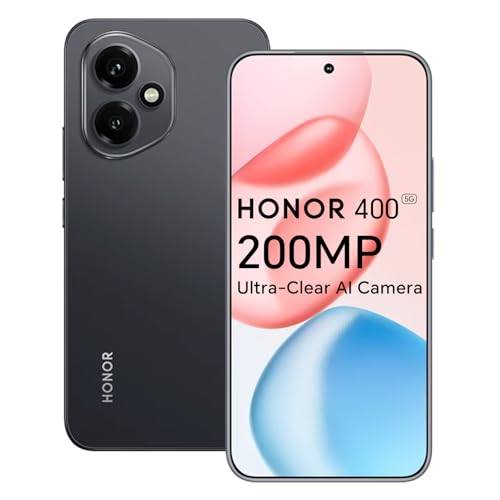 Honor 400 5G Smartphone, 8GB 256GB, Ultra-Clear AI Camera 200 Mpixels, 6.55 inch AMOLED Display 120Hz, Snapdragon 7 Gen 3, 5170mAh, IP65, Dual SIM, NFC, Android 15, No Charger, Black