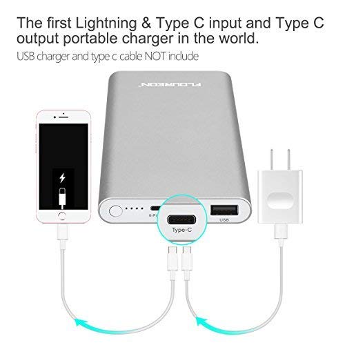 FLOUREON 12000mAh Power Bank Portable Cell Phone Fast Charging External Battery Pack with Type C and Lighting for iPhone,iPad, Samsung and More (Silver) - Thumbnail 3