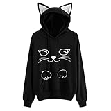 Ankola Womens Teen Girls Cute Cat Ear Hooded Sweatshirt Cat Print Pullover Hoodie (M, Black)