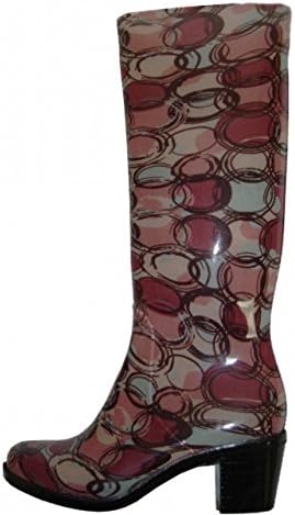 Women's Rain Boots w/ Heel, Red Burgundy Circles, Rain Shoes, Rubber Boots (6, Red Burgundy Circles)