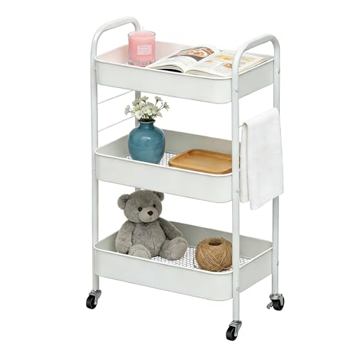 ZOESTORAGE 3 Tier Rolling Cart Metal Storage Cart with Wheels for Home, Bathroom, Kitchen, Laundry, Office and Rolling Cart Kitchen for Books, Vegetables and Snacks, White