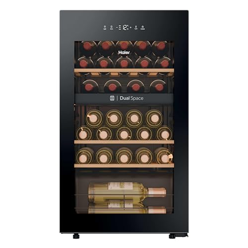 Wine Bank 50 Series 5 HWS32GDG Vinoteca de 32 botellas, 2 Zonas independientes, Estantes de madera, Filtro Anti-UV, Sistema Antivibración, Display Digital, Iluminación LED, 37 dbA, Negra