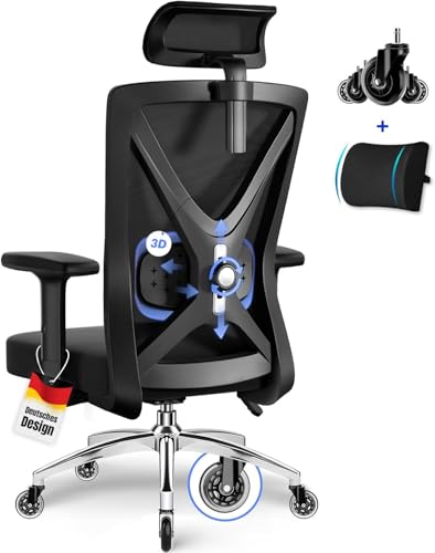 Daccormax Bürostuhl, Bürostuhl Ergonomisch Schreibtischstuhl mit Verstellbaren Armlehnen, weiche Lendenstütze aus Naturschwamm und Kopfstütze, Chefsessel Drehst