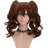 yuehong Adult Long Curly Brown Double Ponytail Clips Wig Wavy Anime Cosplay Wigs for Woman Heat Resistant Synthetic Fibers Soft Durable Breathable Costume Hair