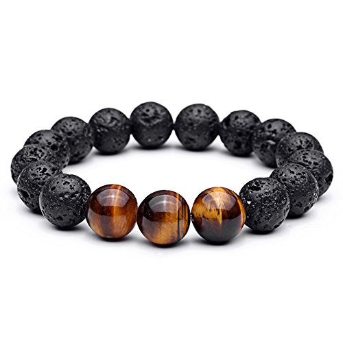 Womens Mens Boys 12mm Black Lava Rock Stones with Three Yellow Tiger's Eye Stones Stretch Charms Bracelets Energy Healing Natural Stones Bracelets (Yellow+Black)