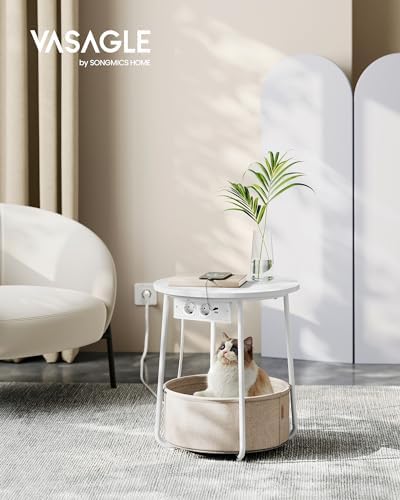 Coleção LILEA - Mesa de Cabeceira, Mesa Redonda com Tomadas de Alimentação, Cesto de Tecido, Espaçosa, Mesa de Cabeceira, Estilo Moderno, Branco Mate e Castanho Camel LET228W02