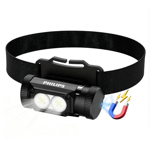 PHILIPS SFL3255 Lampara de Cabeza Recargable LED, 1500 Lúmenes con imán, Linterna Multifunción de 6 Modos, Frontal USB, Resistente al Agua, Headlamp Ideal Para Campismo, Pesca y Senderismo