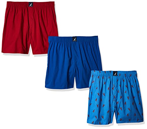 Nautica Herren Gewebter Baumwolle, 3er-Pack Boxershorts, Sea Cobalt Red/Lobster Aero Blue, Small