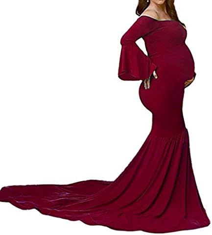 Hopeverl Women's Bell Sleeves Off Shoulder Photography Props Dress Mermaid Gown Long Dress for Baby Shower