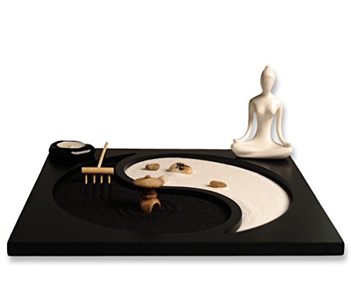 ICNBUYS Tai Chi Pattern Zen Garden with Buddha Status Wooden Rake Rocks Mini Pavilion and Candle Holder Set with Free Rake and Pushing Sand Pen Base Tray Dimensions 11.8 x 11.8 x 0.4 inches