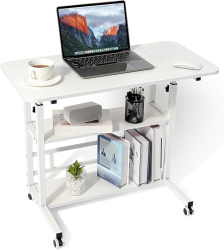 Beauenty Home Office Desk,Computer Desk,Height Adjustable Laptop Table,Portable Small Computer Desk with Rolling Wheel,Modern Side Table for Home Office,Study,Reading(White, 80 * 40 * 60-90cm)