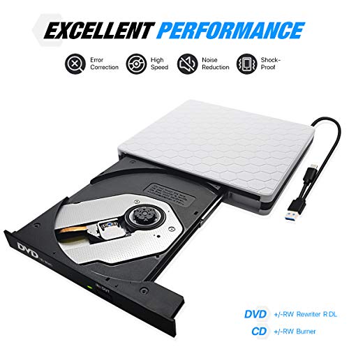 External CD/DVD Drive USB 3.0 Type-C Portable R/W Optical Drive Slim CD DVD Burner Recorder CD ROM for Laptop/MacBook/Desktop/MacOS/Windows10/8/7 (#White)