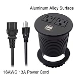 Kungfuking Desktop, Table Desk Hole Grommet Outlet with USB Charging Station,Hidden Socket with 6 ft Extension Power Cord(16 AWG 13A 125V) Aluminum Alloy Surface, Black