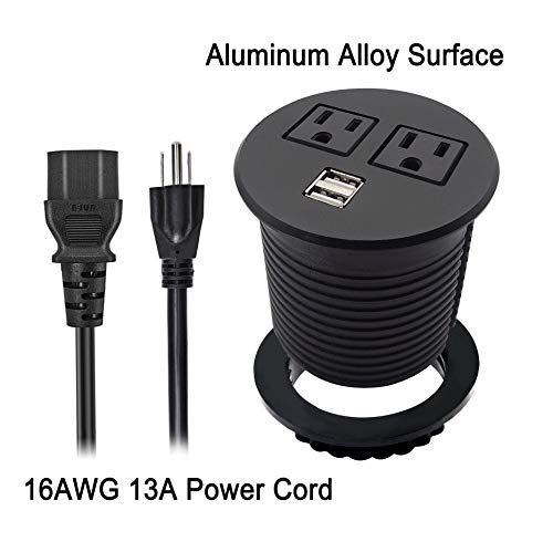 Kungfuking Desktop, Table Desk Hole Grommet Outlet with USB Charging Station,Hidden Socket with 6 ft Extension Power Cord(16 AWG 13A 125V) Aluminum Alloy Surface, Black