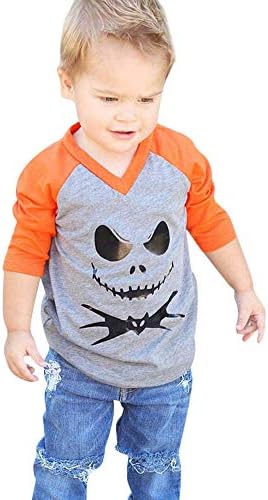 Zerototens Children Halloween T-Shirt,1-5 Years Old Toddler Infant Girls Boys Long Sleeve Pumpkin Print Pullover Tops Baseball T-Shirt Kids Casual Outfit Clothes