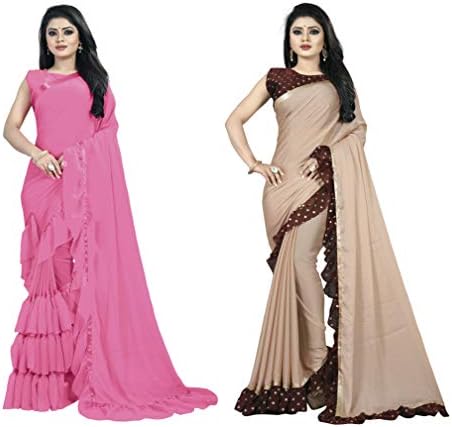 Vaishnavi Women's Georgette Golden Lace Solid Combo Ruffle Saree With Blouse(Pack Of 2)