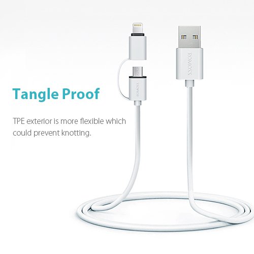 ROMOSS 2-in-1 iPhone and Android Charging Cable, Durable USB Data Sync and Charging Cable Cord for iPhone 8/8 Plus/X/7/7 Plus/SE/6/6 Plus/6S/6S Plus/5/5C/5S,iPad, Samsung and Android (3.3 FT, Grey) - Thumbnail 2