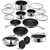 HexClad Hybrid Nonstick 18-Piece Cookware Set, 2, 3, and 8Qt Pots with Lids, 2 Silicone Trivets, 8", 10", and 12" Pans with Lids, 7Qt Chicken Fryer with Lid, and 14" Wok with Lid, Stay-Cool Handles