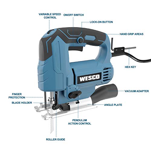 Jigsaw, WESCO 4.5 Amp Electric Jig Saw 0-3000 SPM Variable Speed, 4 Orbital Sets, ±45°Bevel Cutting Angle,Adjustable Aluminum Base, 10PCS Blades for Metal PVC Ceramic Wood Cutting/WS3770U