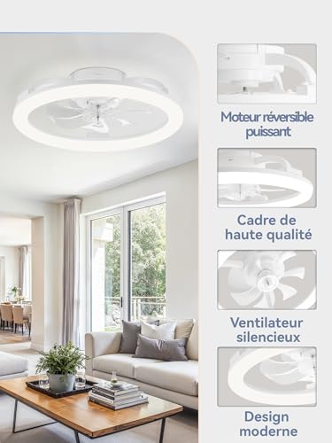 ZMISHIBO Ceiling Fan with Lamp and Remote Control, Chandelier Ceiling Fan, Modern Dimmable, 6 Speed, APP Control, Quiet Recessed Fan with Built-In Lamp (White)