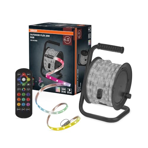 Osram Outdoor Flex RGB LED Streifen 20M IP65, inkl. Fernbedienung, bis 50 m erweiterbar, mit Kabeltrommel, Anschlusskabel, Zubehoer
