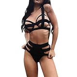 Mnyycxen Women Sexy Cut-Out Nightwear Lingerie Set Crisscross Bra High Waisted Panty Thongs Briefs Black