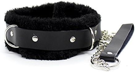 Runsmooth Faux Fur Lined D-Rings Choker Collar Leather Neck Collar with Chain Leash SM Collar, Black