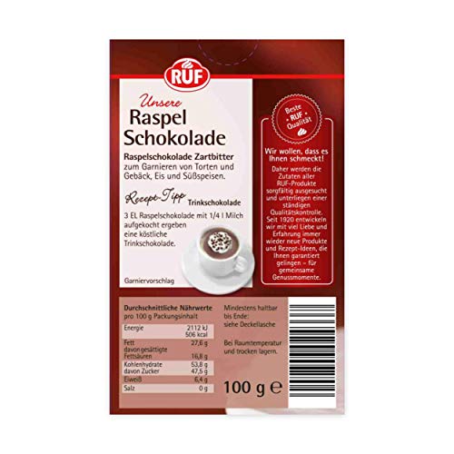 RUF Zartbitter Raspelschokolade, geraspelte Schokolade im 100g Pack, haudünn, ideal zum Ummanteln von Torten, glutenfrei und vegan, 11er Pack (11x100g) – Bild 3