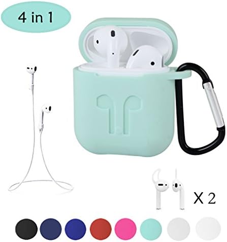 AirPods Case with Strap Protective Silicone Cover with Carabiner for Apple Airpods Accessories (Mint Green(2 Pairs Ear hook for free))
