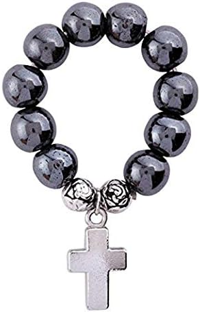 Hematite Cross Rosary Ring One Size Fits Most 2 1/4 Inch Long