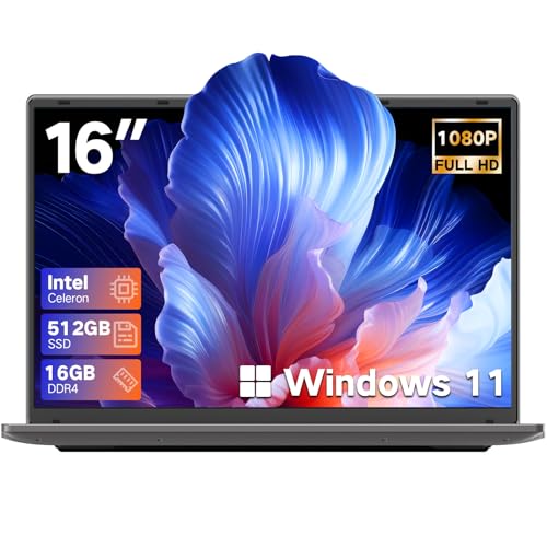 DERE 16 inch Laptop Computer, Gaming laptop 16GB LPDDR4 512GB SSD, WIN11, Celeron N5805, 2560*1600 Notebook PC, Laptop with Fingerprint Unlock and Backlit Keyboard, HDMI,WiFi for Work,Study,Smoke Grey