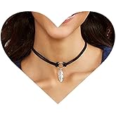 Allereyae Vintage Layered Leather Choker Necklace Silver Feather Pendant Necklace Choker Black Short Velvet Necklace Geometric Circle Choker Necklace Jewelry for Women and Girls