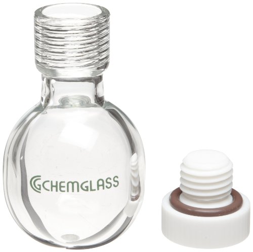 Chemglass CG-1880-10 Glass Complete Heavy Wall Round Bottom Pressure Vessel, 75mL Volume, 52mm OD x 102mm Length, #15 Internal Thread
