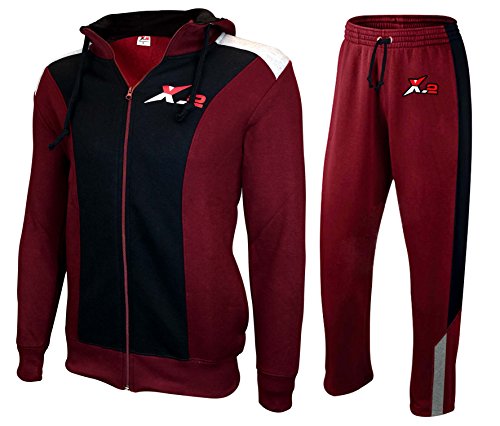 X-2 Full Zip Fleece Tracksuit Jogging Sweatsuit Activewear Hooded Black-Maroon XL