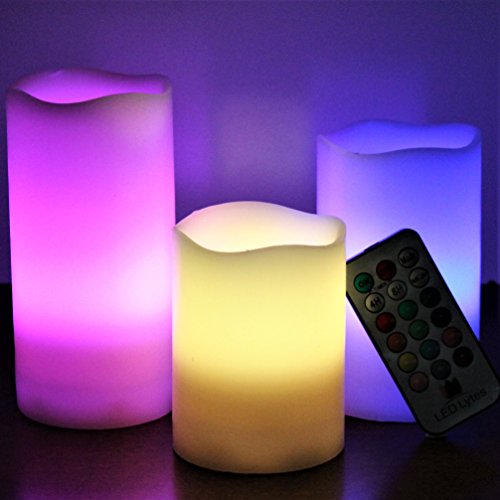 LED Multi Colored Flameless Candles Battery Operated, 3 Round Ivory Wax