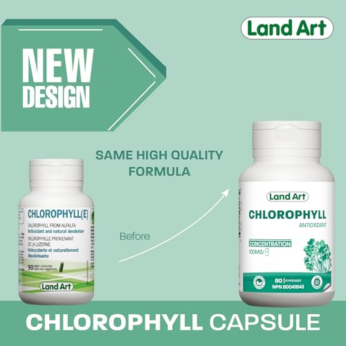 Chlorophyll Capsules - Cold Extracted from Non-GMO Alfalfa - Natural Detox - Alkaline - Natural Body Deodorant - Powerful Antioxidants Source - Made in Canada - Vegan - Non-GMO - 90 pills - 100 mg