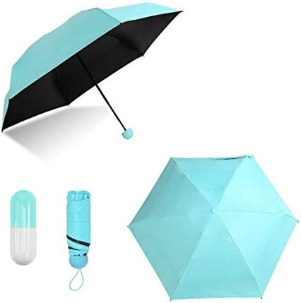 QBEXJ Ultra Light Small Mini Umbrella UV Protection with Cute Capsule Case, Anti Ultraviolet Windproof 5 Folding Travel Pocket Umbrella Fits Men & Women ( 6.7 inch 0.44 lb ) (Blue)