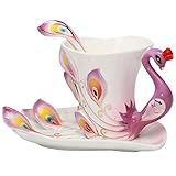 Vanki Collectable Fine Arts China Porcelain Tea Cup and Saucer Coffee Cup Peacock Theme Romantic Creative Present (Purple)