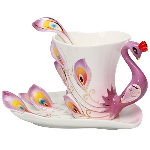 Vanki Collectable Fine Arts China Porcelain Tea Cup and Saucer Coffee Cup Peacock Theme Romantic Creative Present (Purple)