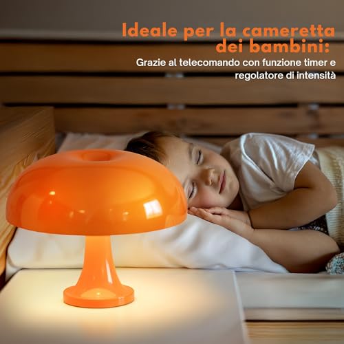 Wireless LED Bedside Lamp-Mushroom Lamp Vintage Design Space Age-Orange Table Lamp with Remote Control, USB Rechargeable Battery, 3 Colors, Touch Dimmer, Atmosphere Lighting