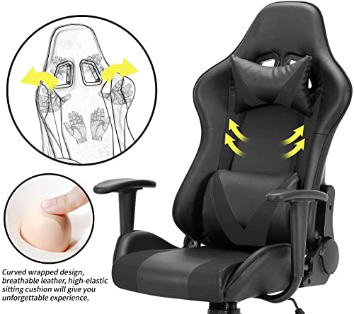Gaming Chair Home Office Chair 180 Degree Reclining Height Adjustable with Massage Lumbar Support Headrest Armrest PU Leather Ergonomic Design Swiveling Chairs, Black