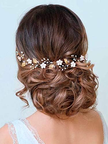 Barogirl Wedding Headpiece Rose Gold Bride Flower Hair Vine Pearl Bridal Crystal Headband for Women (Gold)